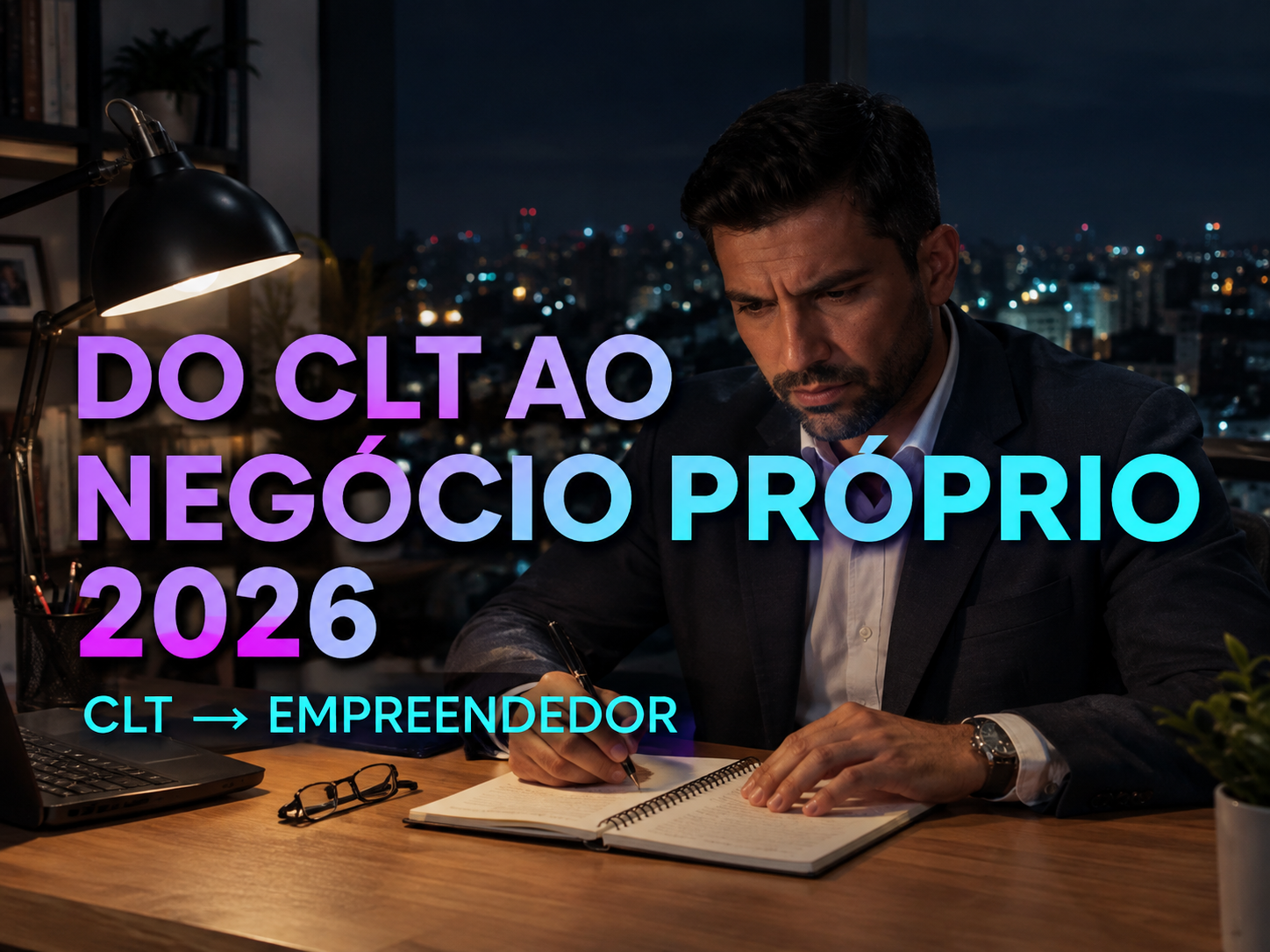Do CLT ao Negócio Próprio 2026 — profissional planejando seu negócio depois do expediente